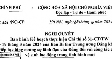 Nghị quyết số 209/NQ-CP của Chính phủ: Ban hành Kế hoạch thực hiện Chỉ thị số 31-CT/TW ngày 19 tháng 3 năm 2024 của Ban Bí thư Trung ương Đảng khóa XIII về tiếp tục tăng cường sự lãnh đạo của Đảng đối với công tác an toàn, vệ sinh lao động trong tình hình mới